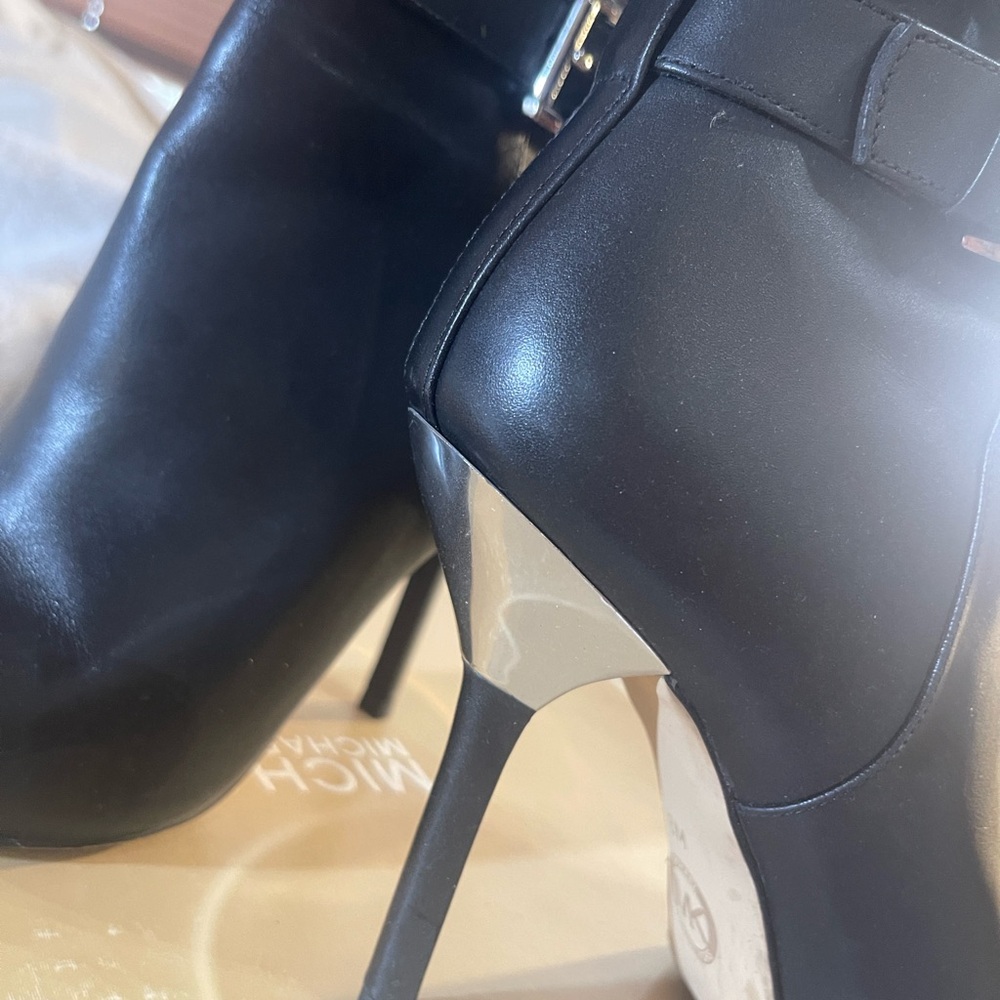 Michael Kors Black Leather Stiletto Booties with Metallic Heel Accent